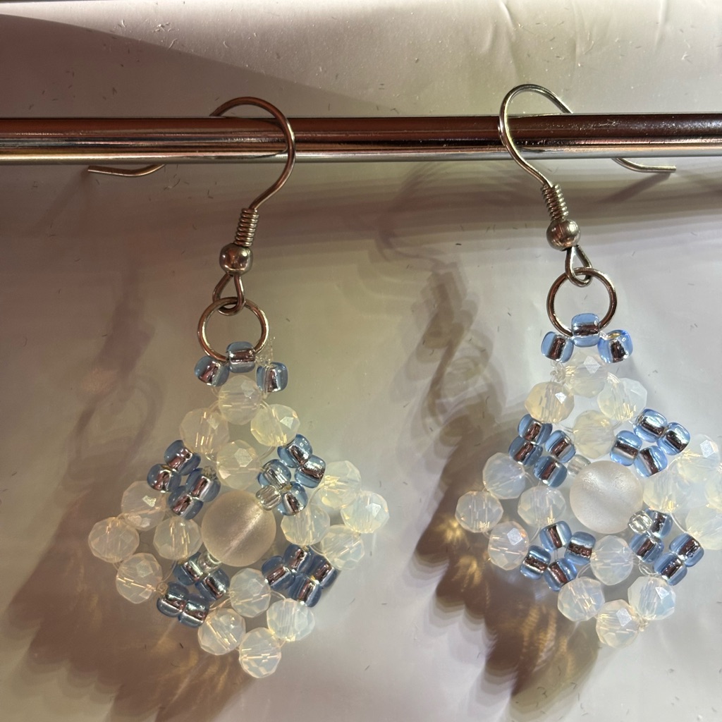 Hand Crafted Earrings, Matte White Quartz, Matte Crystal Beads, Blue Seed Beads